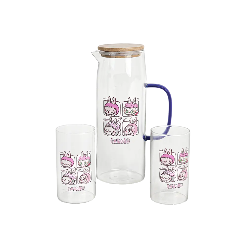Glass transparent 3pcs labubu design jug with two cups