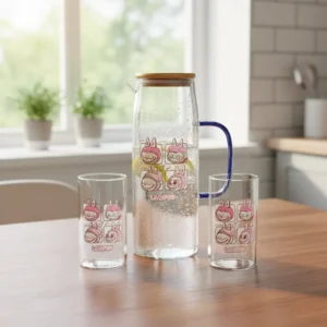 Glass transparent 3pcs labubu design jug with two cups1