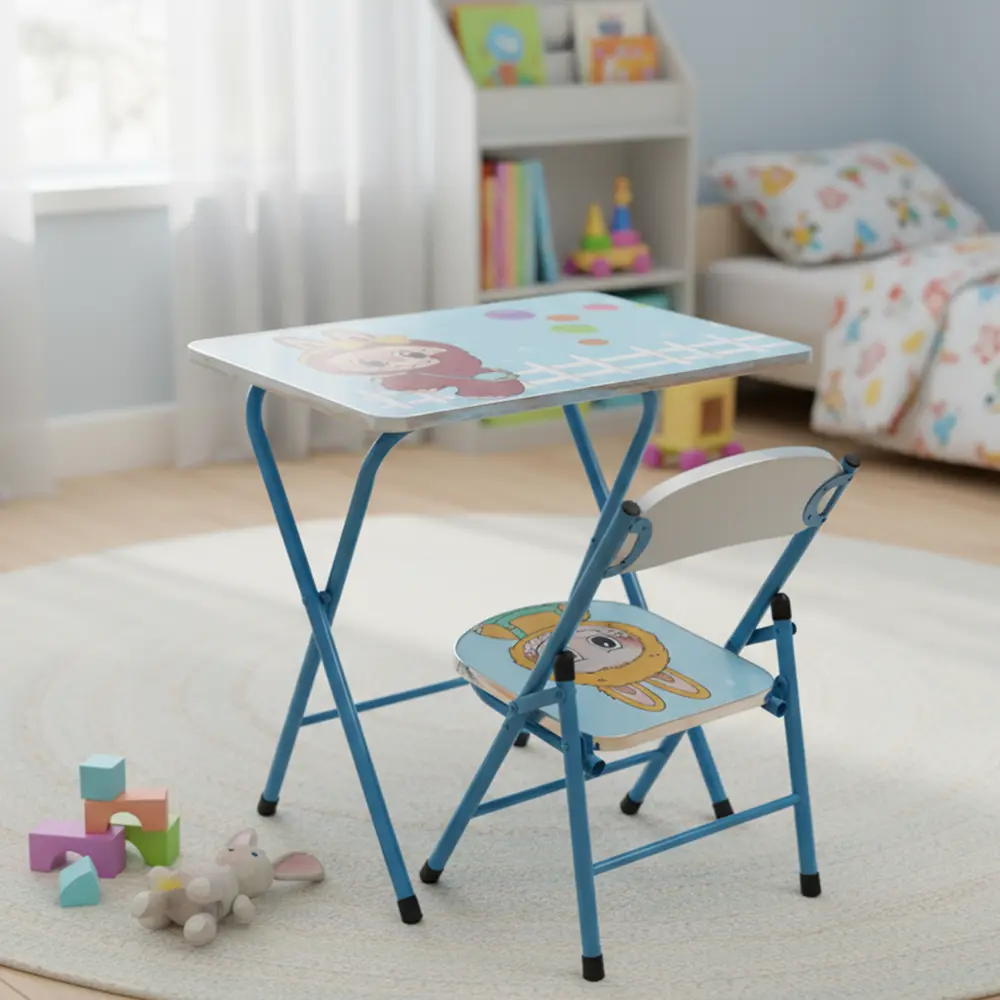 Kids folding labubu design blue table and chair set3