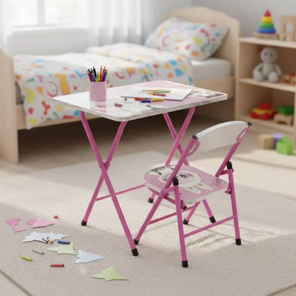 Kids folding labubu design pink table and chair set3