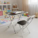 Kids folding ribbed design grey table and chair set3