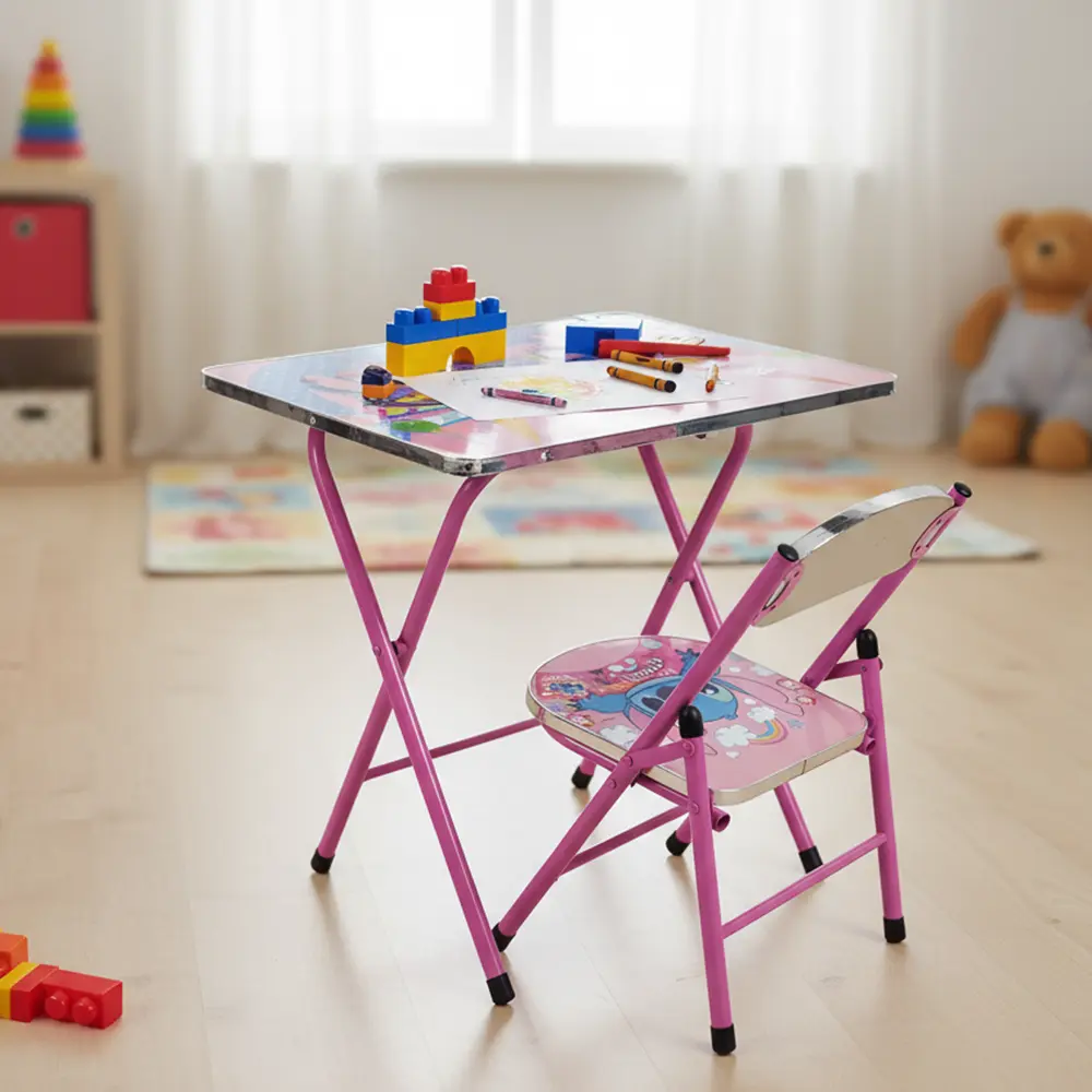 Kids folding stitch design pink table and chair set3