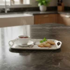 Melamine 33x27cm marbled design gold & white tray1