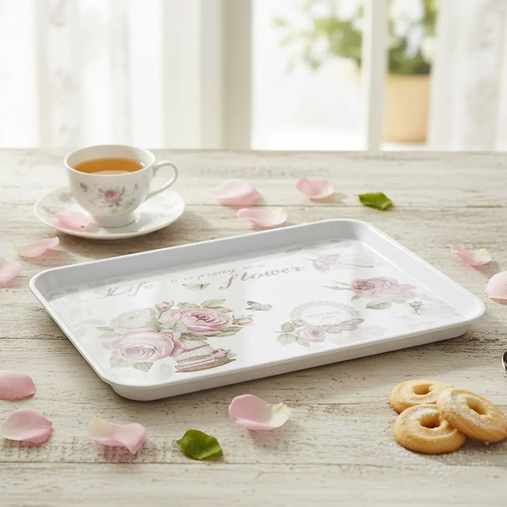 Melamine 38x29cm rectangular pink flowers design tray1