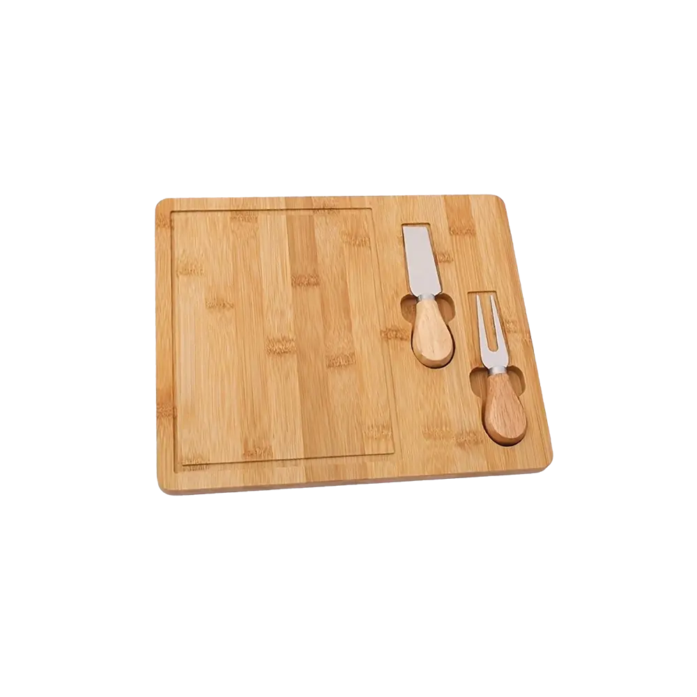 Momaz bamboo serving board set with cutter and fork