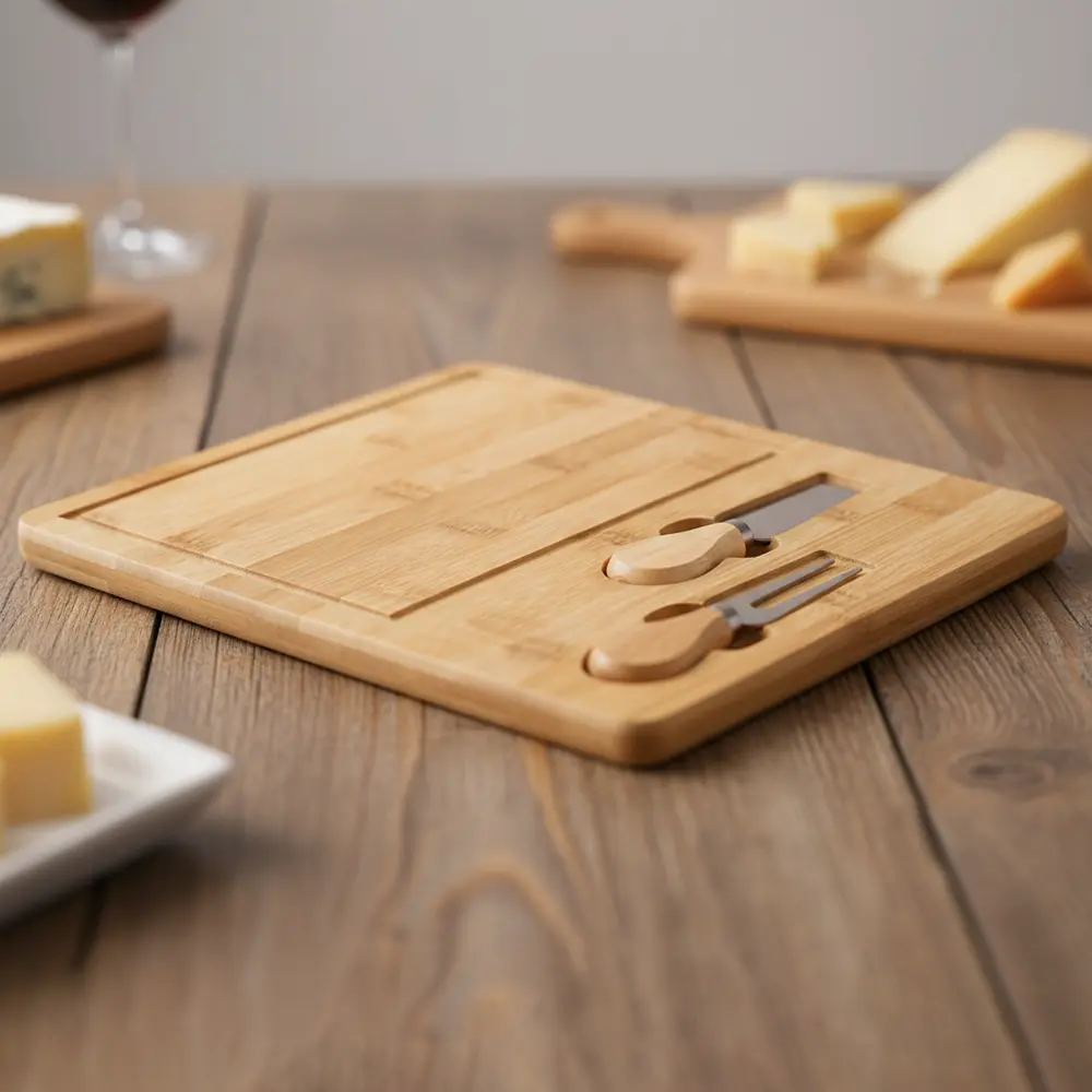 Momaz bamboo serving board set with cutter and fork1