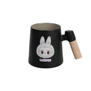 Porcelain labubu design black mug with wooden handle