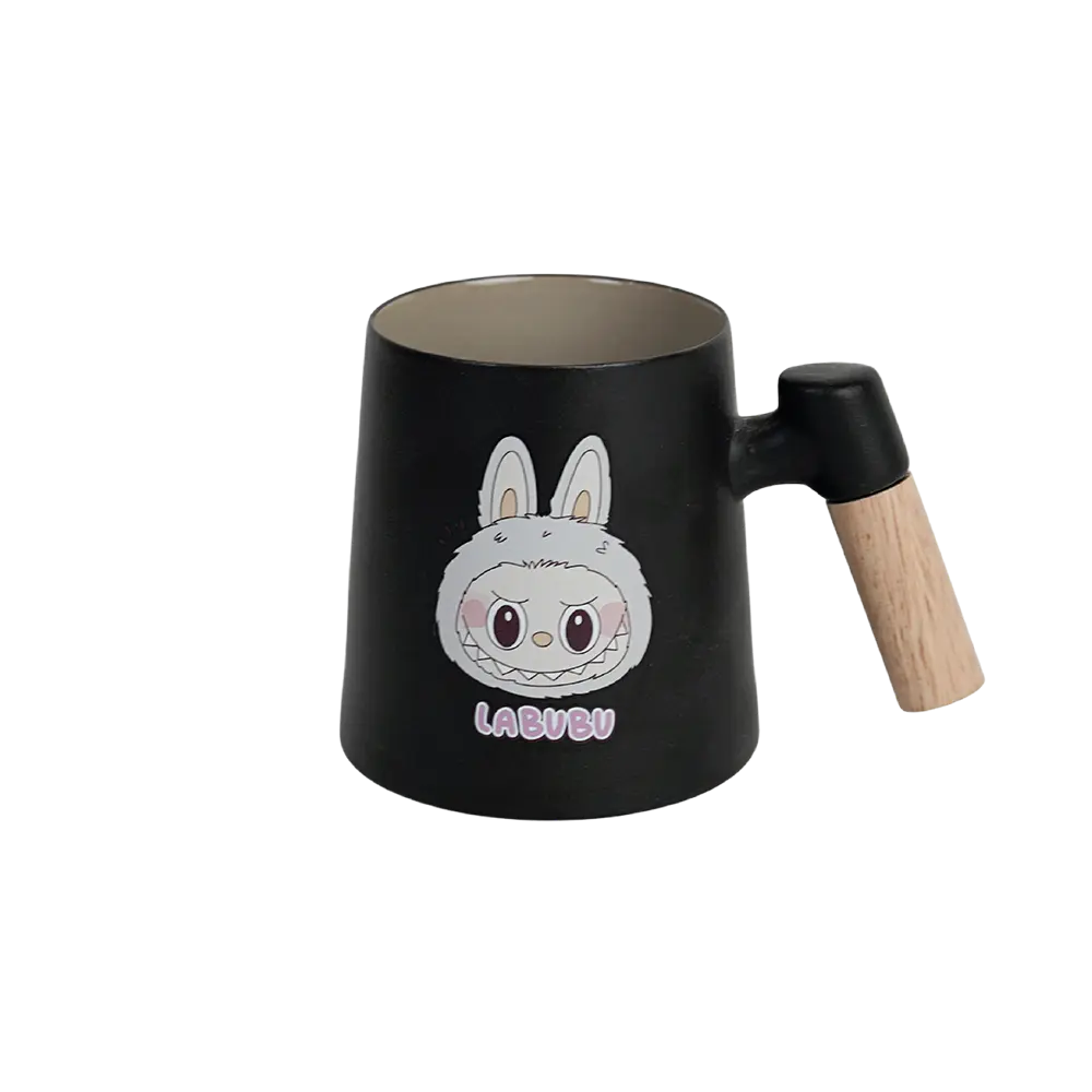 Porcelain labubu design black mug with wooden handle