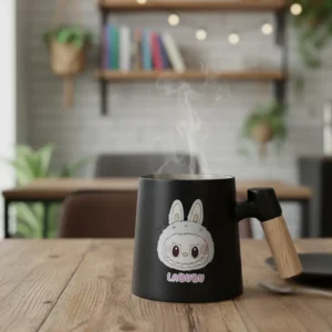 Porcelain labubu design black mug with wooden handle1