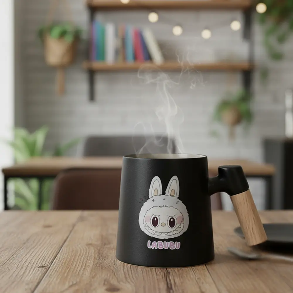 Porcelain labubu design black mug with wooden handle1