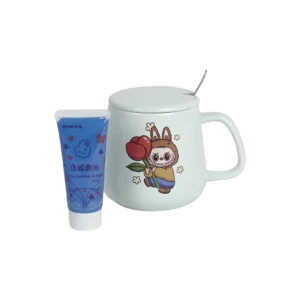 Porcelain labubu design blue mug with spoon, stickers & glue