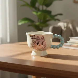 Porcelain labubu design mug with blue bobble handle1
