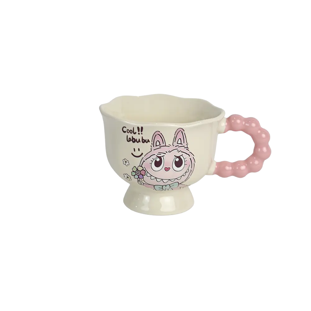 Porcelain labubu design mug with pink bobble handle