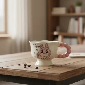 Porcelain labubu design mug with pink bobble handle1