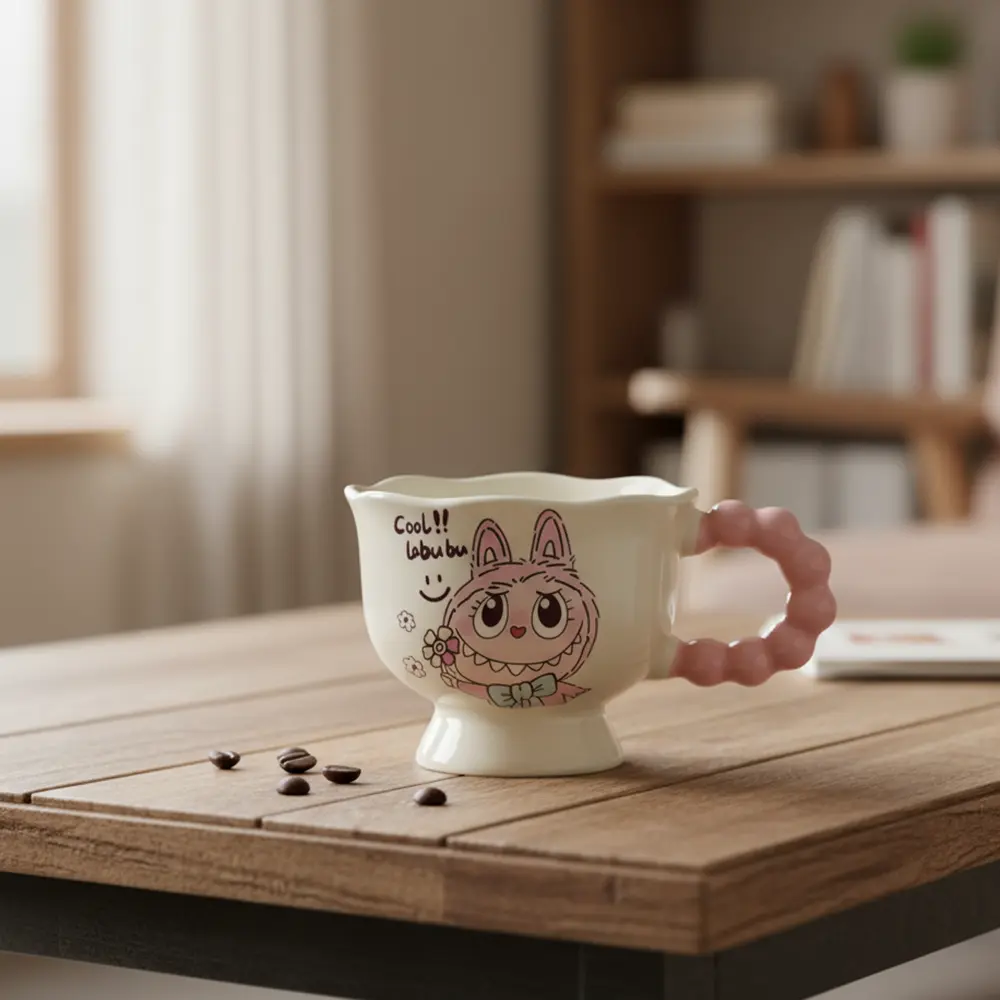 Porcelain labubu design mug with pink bobble handle1