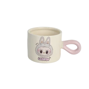 Porcelain labubu design mug with pink handle 1