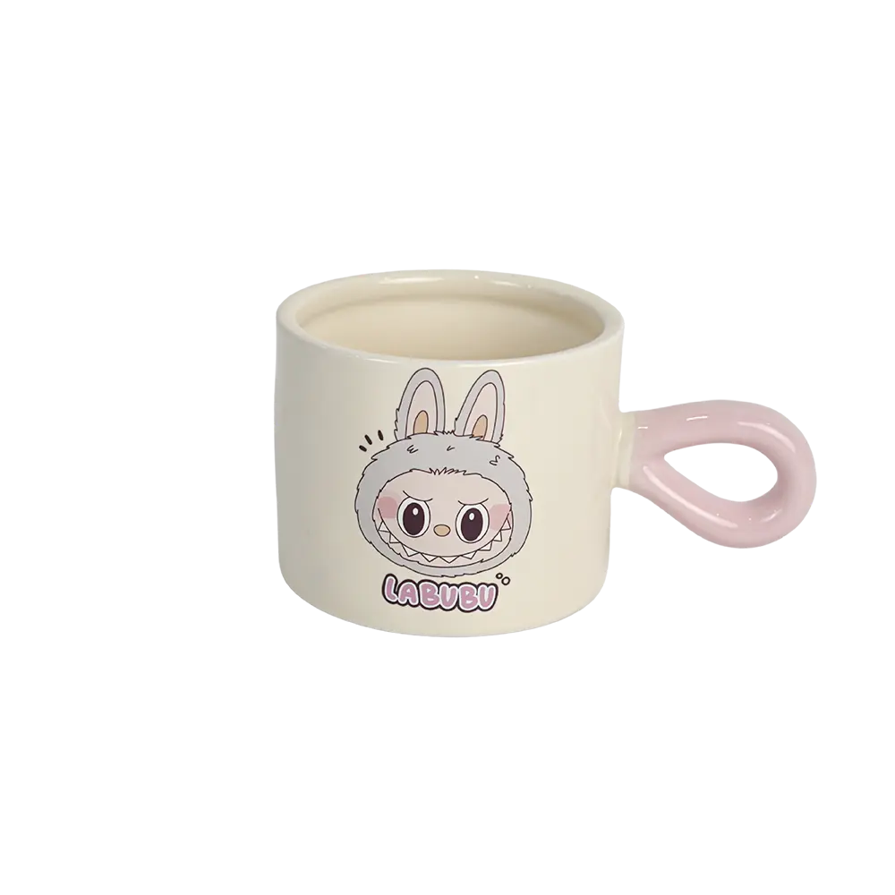 Porcelain labubu design mug with pink handle 1
