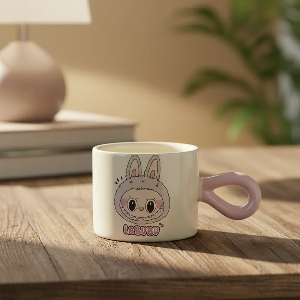 Porcelain labubu design mug with pink handle 11