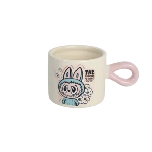 Porcelain labubu design mug with pink handle 2