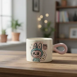 Porcelain labubu design mug with pink handle 21