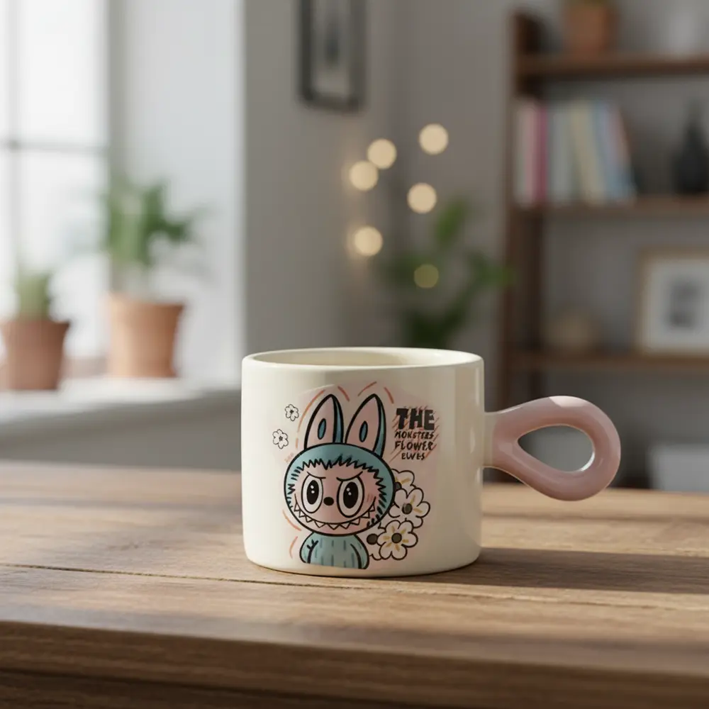Porcelain labubu design mug with pink handle 21