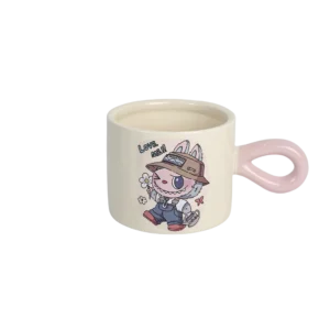 Porcelain labubu design mug with pink handle