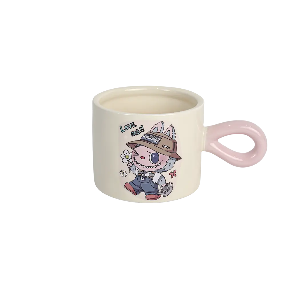 Porcelain labubu design mug with pink handle