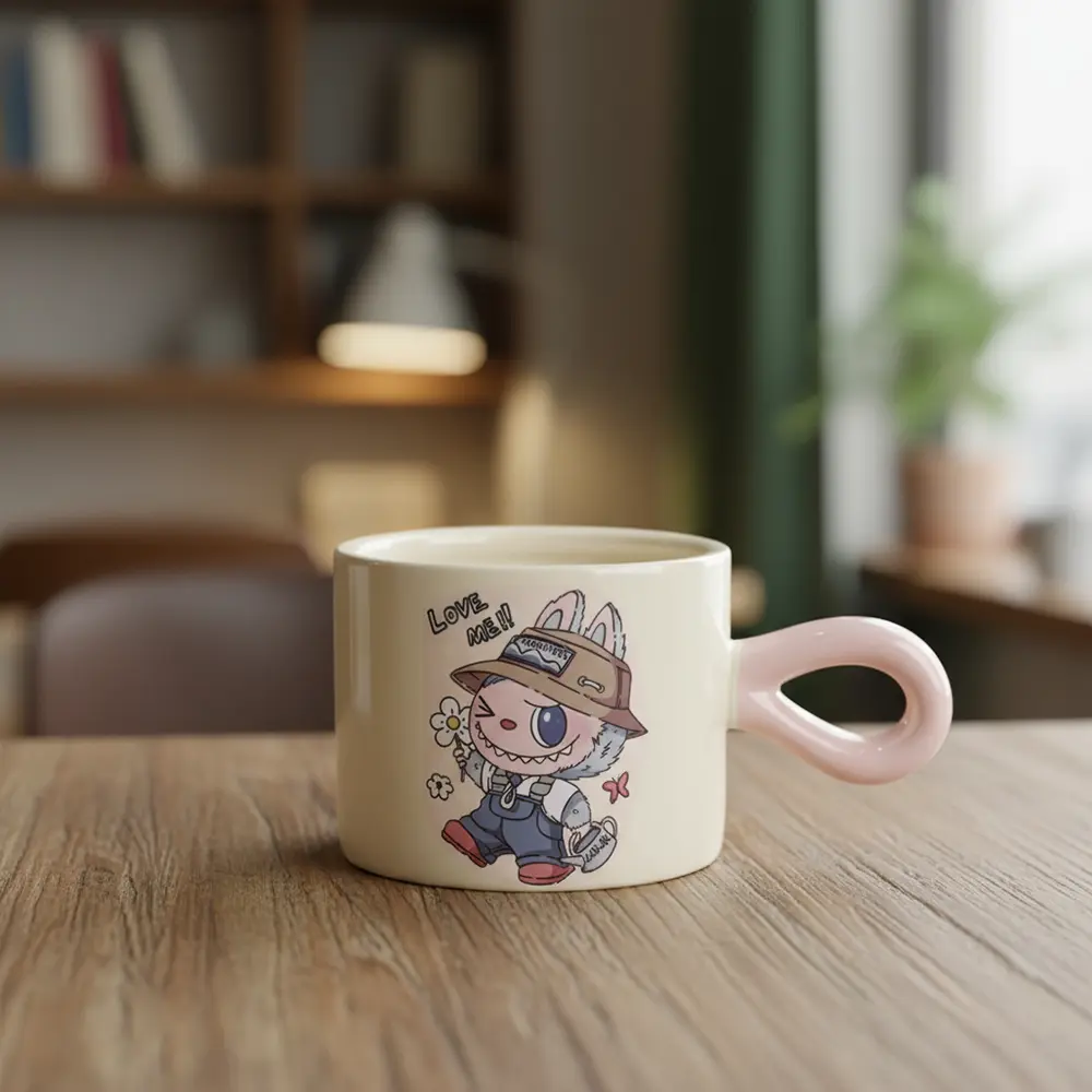 Porcelain labubu design mug with pink handle1