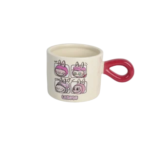 Porcelain labubu design mug with red handle 1