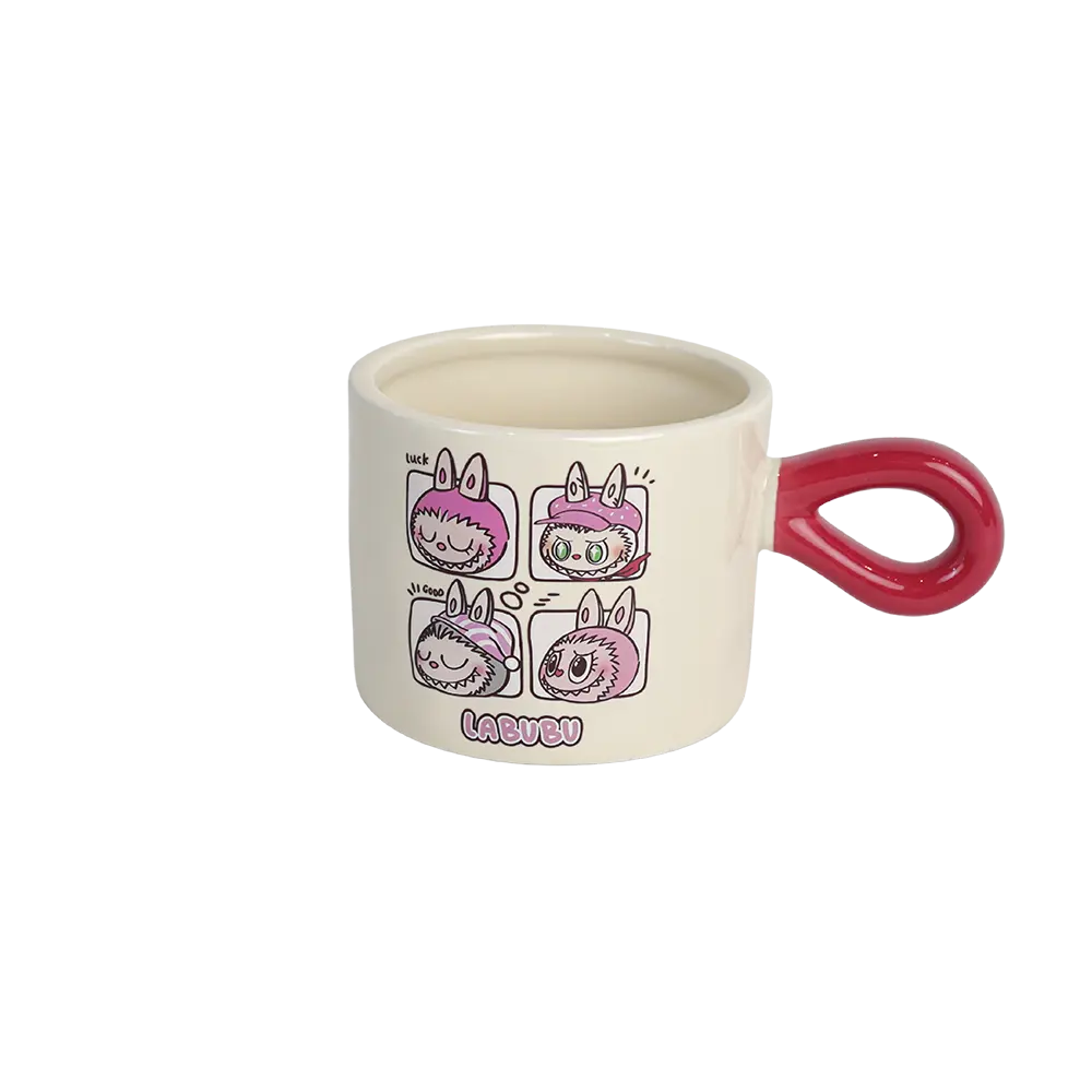 Porcelain labubu design mug with red handle 1