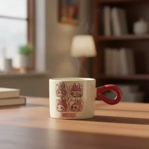 Porcelain labubu design mug with red handle 11