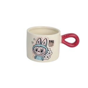 Porcelain labubu design mug with red handle 2