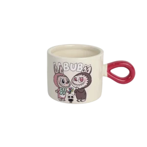 Porcelain labubu design mug with red handle