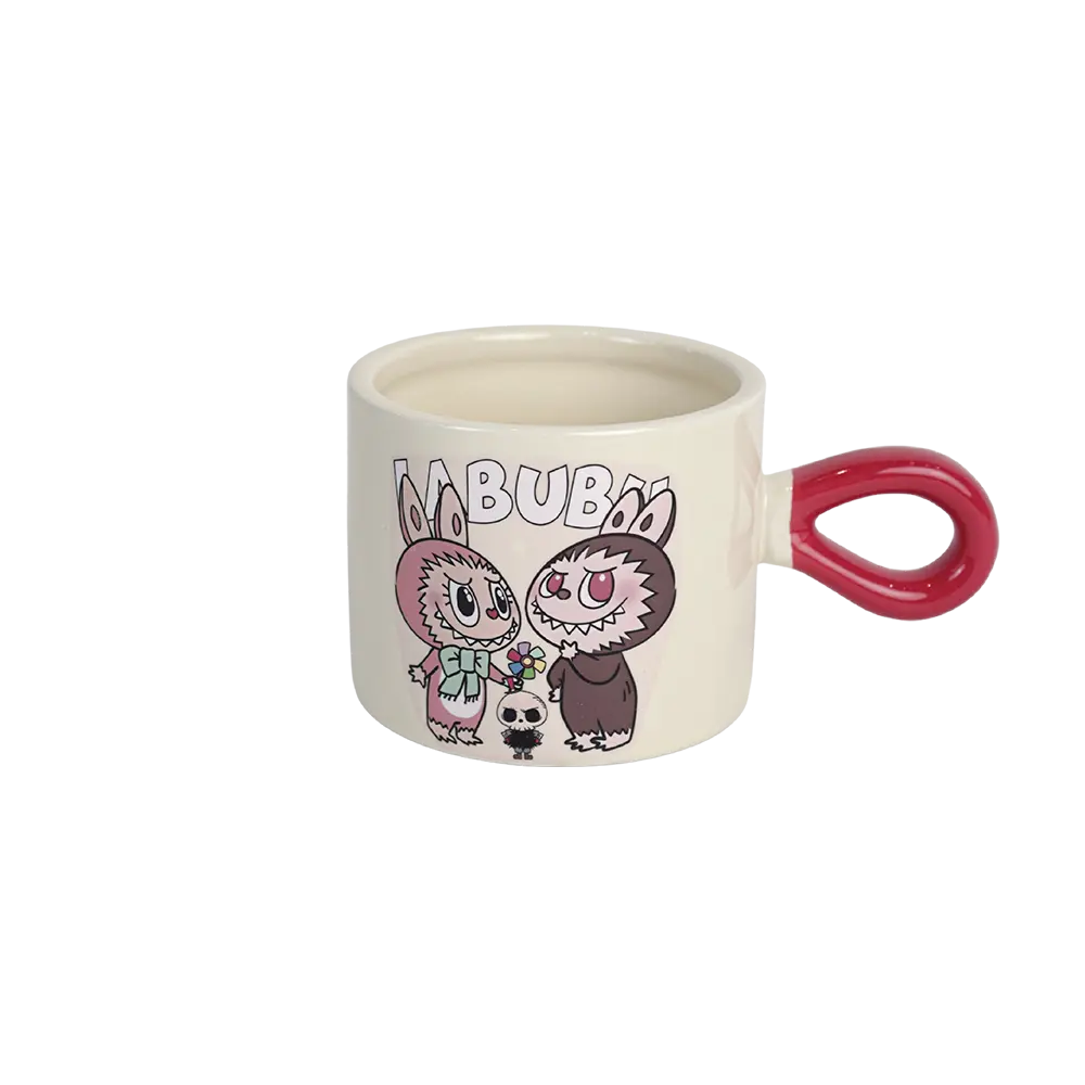 Porcelain labubu design mug with red handle