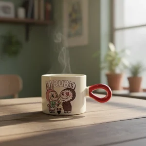 Porcelain labubu design mug with red handle1