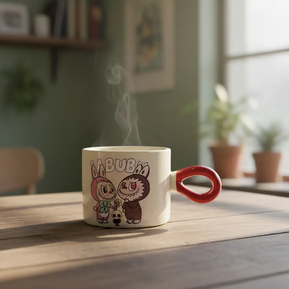 Porcelain labubu design mug with red handle1
