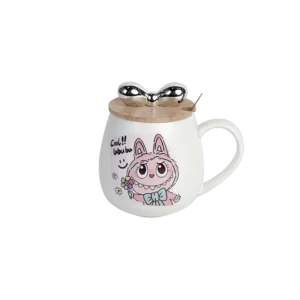 Porcelain labubu design mug with wooden lid & spoon 1