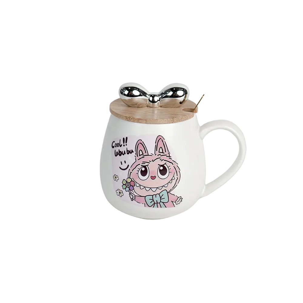 Porcelain labubu design mug with wooden lid & spoon 1