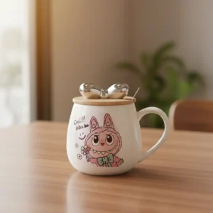 Porcelain labubu design mug with wooden lid & spoon 11