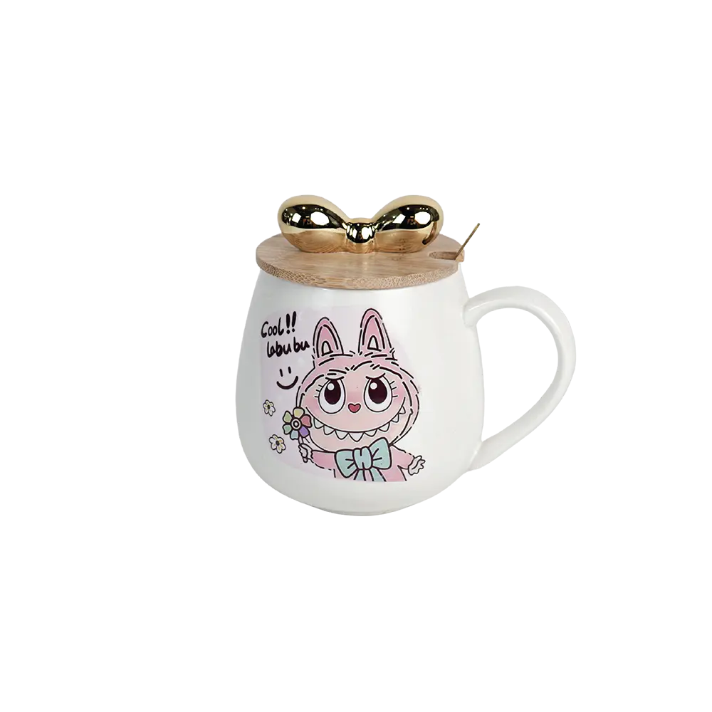 Porcelain labubu design mug with wooden lid & spoon