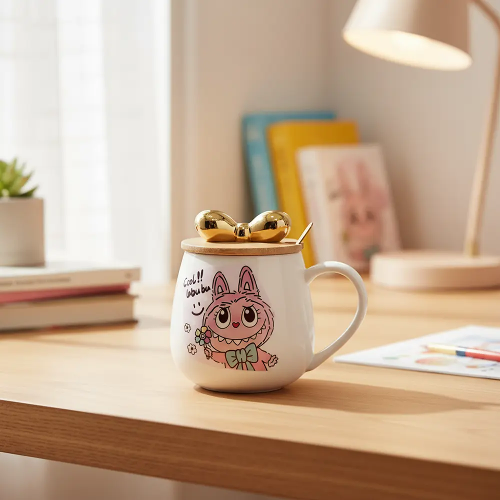 Porcelain labubu design mug with wooden lid & spoon1