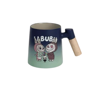 Porcelain labubu design navy blue mug with wooden handle