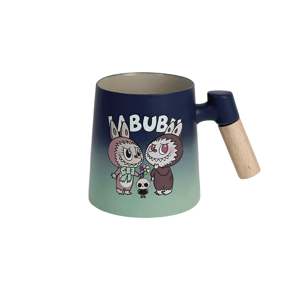 Porcelain labubu design navy blue mug with wooden handle