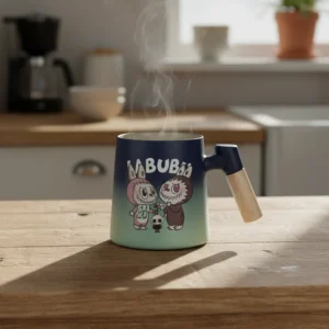 Porcelain labubu design navy blue mug with wooden handle1