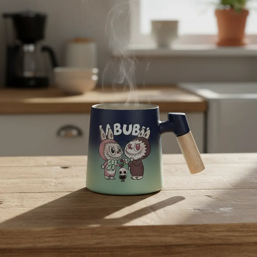 Porcelain labubu design navy blue mug with wooden handle1