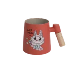 Porcelain labubu design orange mug with wooden handle