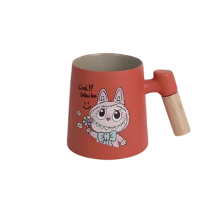 Porcelain labubu design orange mug with wooden handle