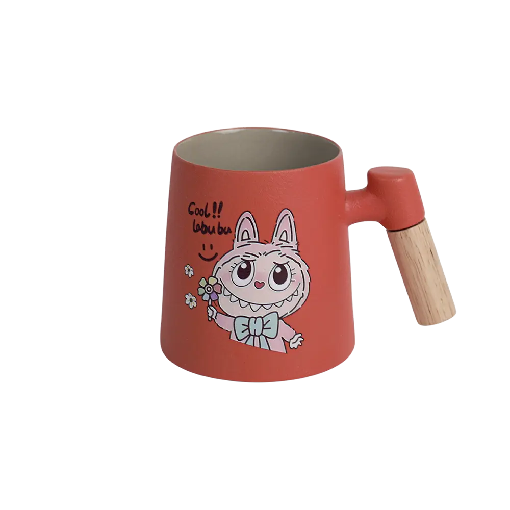 Porcelain labubu design orange mug with wooden handle