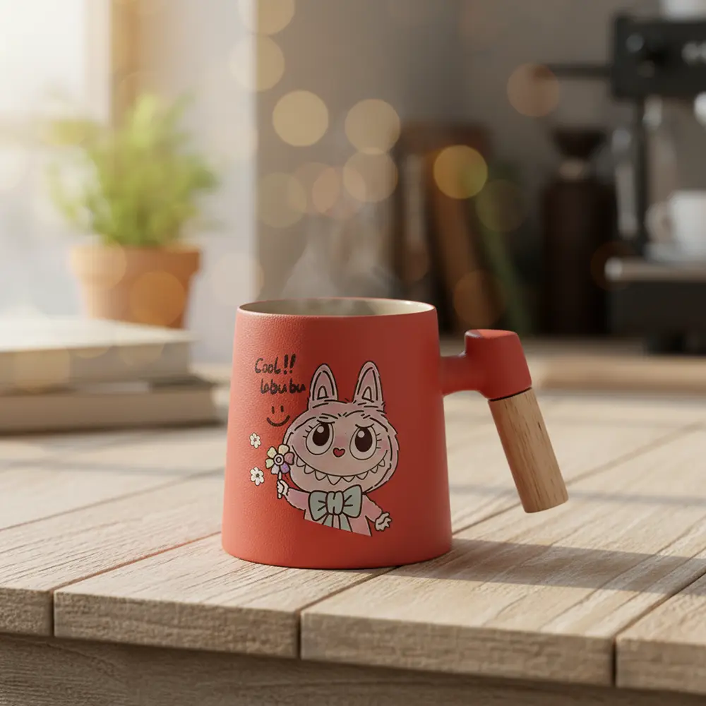 Porcelain labubu design orange mug with wooden handle1