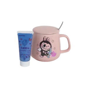 Porcelain labubu design pink mug with spoon, stickers & glue